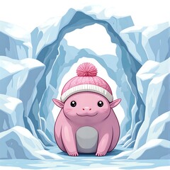 Wall Mural - Adorable pink creature in a winter wonderland landscape