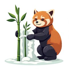 Canvas Print - Playful red panda building a snowy bamboo scene