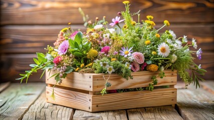 Wall Mural - Delicate pink box with mixed wildflowers and greenery in a rustic wooden basket