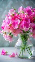Wall Mural - Close-up delicate petals of vibrant pink sweet pea flowers swaying gently in a vase