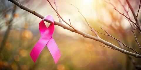 Wall Mural - Bright pink ribbon hanging from a branch