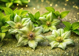 Wall Mural - A handful of green clematis flowers with glitter scattered around them in a garden setting