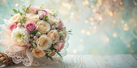 Wall Mural - A elegant bouquet of mixed flowers with delicate lace details and soft pastel colors