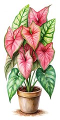 Wall Mural - Colorful Pink Caladium Plant in Watercolor Style
