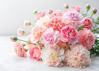 Wall Mural - Delicate floral arrangement with blush and pink carnation flowers on a soft white background