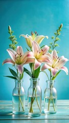 Wall Mural - Fragrant lily flowers in glass bottles on blue background