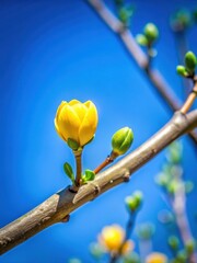 Wall Mural - Delicate yellow flower bud on slender branch against a clear blue sky background