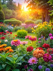 Wall Mural - Colorful flowers blooming in a lush garden at dawn