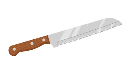 Detailed bread knife illustration with wooden handle and serrated blade