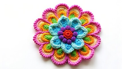 Wall Mural - Crocheted colorful flower pattern on white background