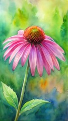 Wall Mural - Watercolor Painting of a Pink Coneflower in a Garden