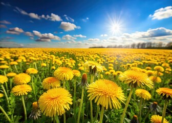Wall Mural - Field filled with bright yellow dandelions under a clear blue sky