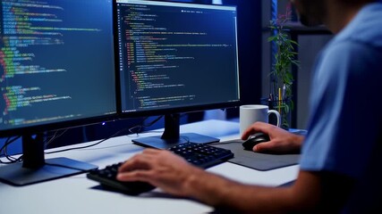 Programmer Coding on dual screens with night, and software development.