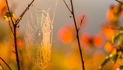 Delicate spiderweb glistening with morning dew amidst an autumn backdrop