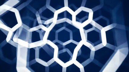 Wall Mural - A mesmerizing abstract background featuring a complex network of glowing white hexagonal shapes layered over a deep blue, futuristic digital matrix.