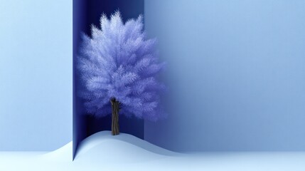 Wall Mural - Minimalist scene with a single fluffy purple tree on a snowy landscape
