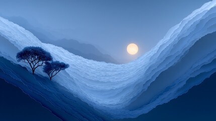 Wall Mural - Serene blue mountains layered with a glowing moon and two silhouetted trees