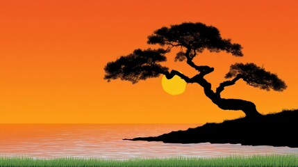 Wall Mural - Silhouette of a gnarled tree on a grassy hill overlooking the ocean during a vibrant orange sunset