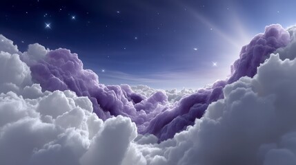 Wall Mural - Dreamy purple and white clouds against a starry night sky with radiant light