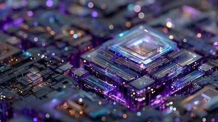 Close up of complex geometric structures with blue and purple lights suggesting advanced technology or circuitry
