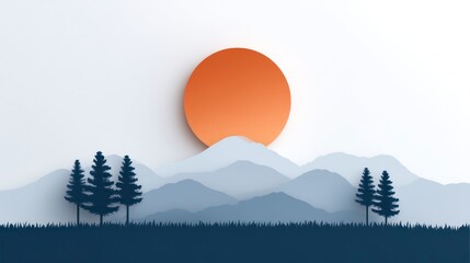 Wall Mural - Minimalist landscape with silhouette trees layered mountains and a rising sun against a clear sky