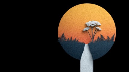 Wall Mural - Textured paper cut landscape of a stylized tree and ferns under a gradient sunset