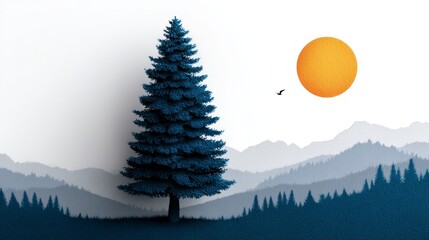 Wall Mural - A solitary blue fir tree stands before misty blue mountains under a bright yellow sun with a bird in flight
