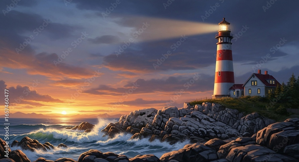 Majestic lighthouse shines its beacon over stormy seas at sunset with ...