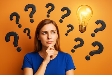 Wall Mural - woman thinking surrounded by question marks and light bulb symbolizing creative idea on orange backg