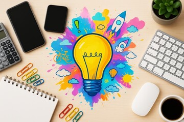 Wall Mural - creative office desk with colorful light bulb sketch and business items on wooden background symboli