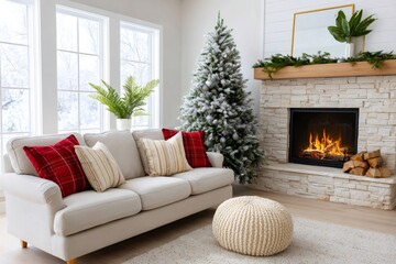 Wall Mural - warm fire burning in the fireplace next to frosted christmas tree in cozy living room