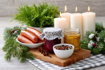 Wall Mural - christmas sausages, mustard, beetroot marmalade and burning candles creating cozy atmosphere
