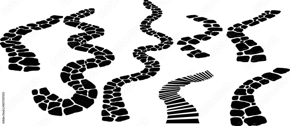 Vector winding stone path black silhouette illustration set Hand drawn ...
