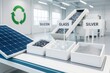 © Pixels Hunter - Silicon, glass, and silver materials displayed with solar panel and recycling sign in bright factory background, symbolizing clean energy reuse. Ai generative