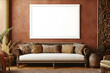 © VANDAM - 36 x 24 inch horizontal blank white framed poster mockup empty no shadows on a wall living room interior with a colonial style sofa african color scheme in warm bro