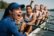 © Who is Danny - Intense female coxswain leads focused rowing team during race on calm water under daylight with blurred natural background in sport competition concept. Ai generative