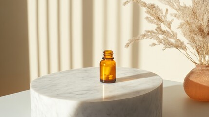Wall Mural - An amber glass bottle stands elegantly on a marble pedestal. Soft sunlight bathes the scene, highlighting the beauty of simplicity and minimalism. Generative AI