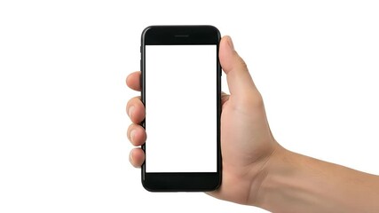 Hand holding a black smartphone with a blank white screen, isolated on white background