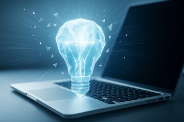 Wall Mural - futuristic glowing low-poly light bulb emerging from laptop keyboard on dark blue background symboli