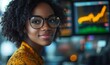 © Riya Desh - Happy young Black female stock trader analysing crypto and stock market trends. The image highlights diversity in the financial industry and the integration of artificial intelligence, Generative AI