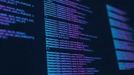 Captivating lines of code illuminate a digital screen with vibrant blue and purple hues, symbolizing innovation and technology.