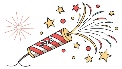 Festive red and white striped party popper exploding with colorful confetti and stars celebrating the year 2026