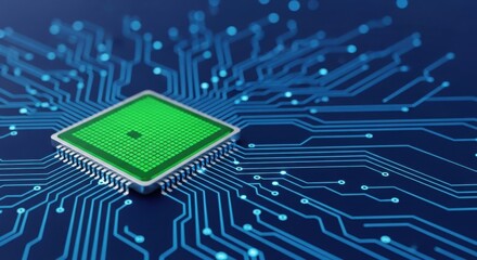 Closeup of a glowing green computer chip on a blue circuit board, symbolizing advanced technology and digital innovation in a futuristic network system