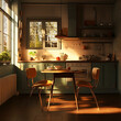 © VANDAM - kitchen 1950s europe warm light ultra realistic table two chairs