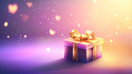 Wall Mural - a glowing gift box wrapped with a golden ribbon, softly sparkling, placed in a cozy warm environment