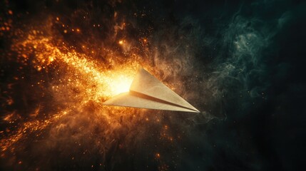 Wall Mural - a glowing paper airplane made of light emerging from a vortex of swirling atomic particles and fire,