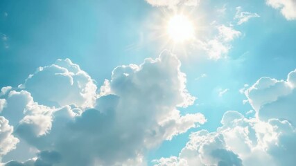 Wall Mural - A bright sun shining through white clouds with a clear blue sky behind