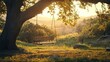 © Veayo - An empty wooden swing slowly swaying under a large oak tree at sunset, warm golden-orange sky, soft wind, long shadows, cinematic nostalgic atmosphere, ultra