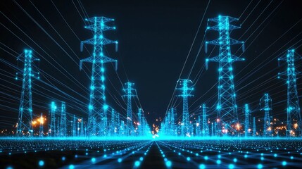 Wall Mural - an image of digital transmission line towers and lines reaching out into the distance. the backgroun