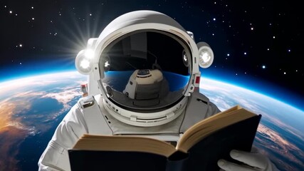 Wall Mural - Astronaut reading a book in outer space with Earth in the background